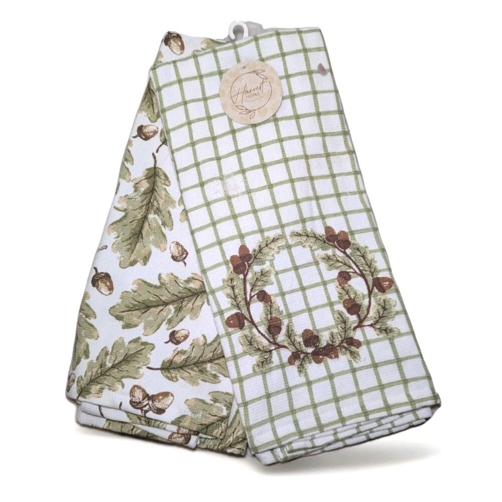 Harvest Home Autumn Oak Kitchen Towels Green Leaves Acorns Wreath 2pc 15" x 25"